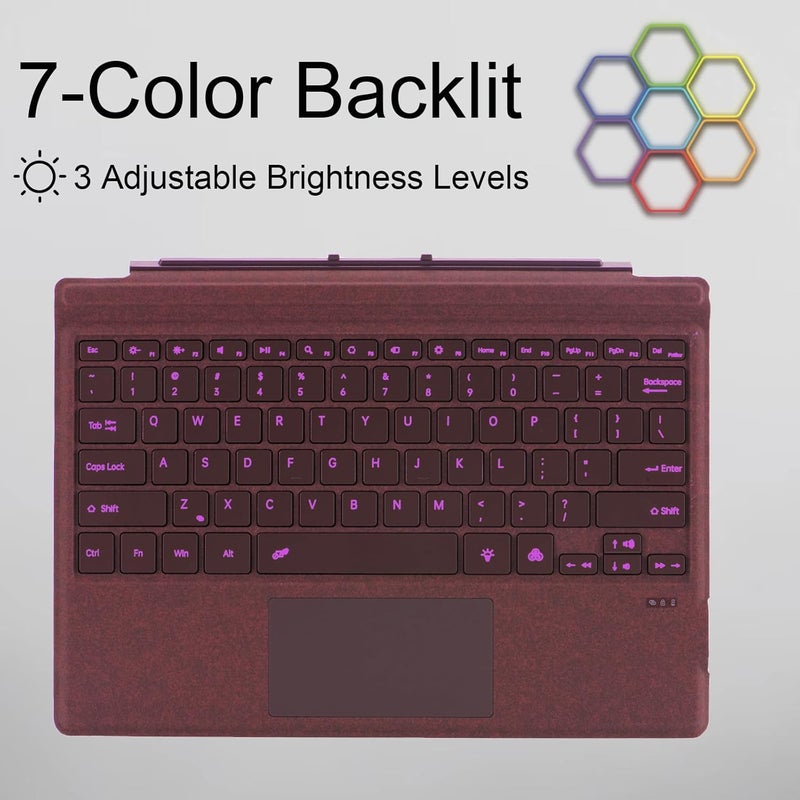 Mobee Type Cover for Microsoft Surface Pro 7+/ Pro 7 / Pro 6 / Pro 5 / Pro 4 / Pro 3, Bluetooch Type Keyboard with Multi-Touch Trackpad, Ultra Silm (Wine with Backlit) - Image 4